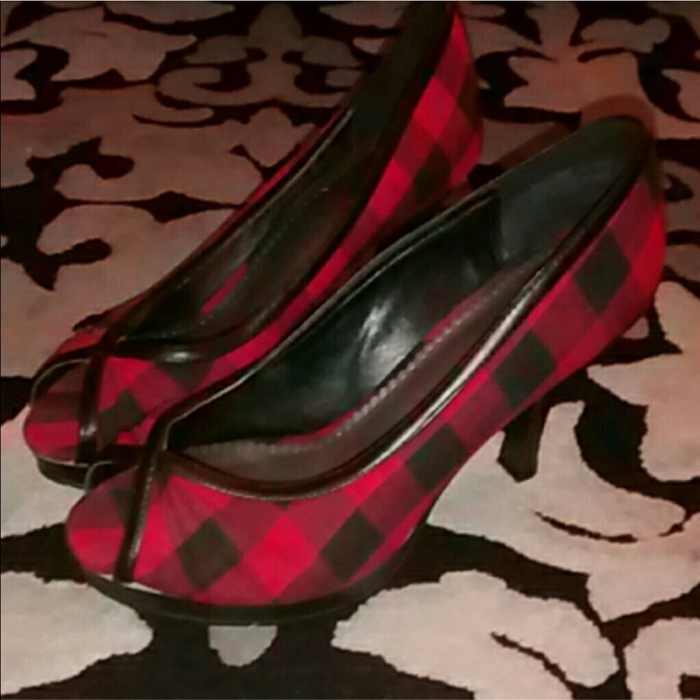 Buffalo Plaid Peep Toe Heels